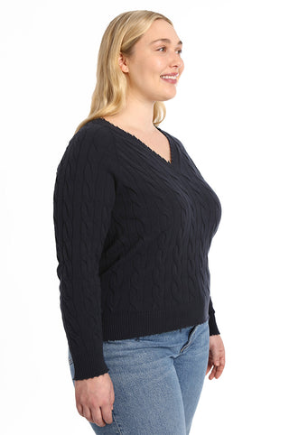 Cotton Cable Plus Long Sleeve V Neck with Frayed Edge