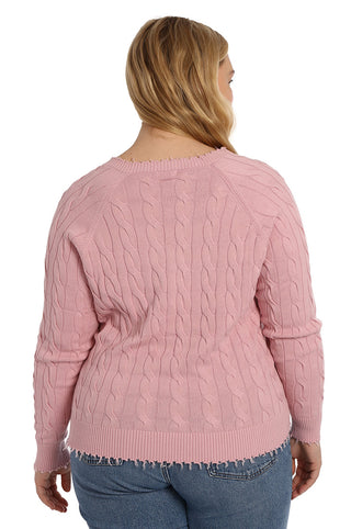 Cotton Cable Plus Long Sleeve V Neck with Frayed Edge