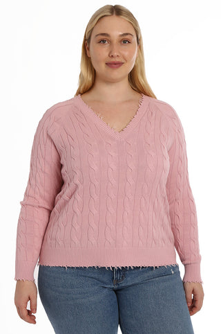 Cotton Cable Plus Long Sleeve V Neck with Frayed Edge