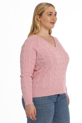 Cotton Cable Plus Long Sleeve V Neck with Frayed Edge
