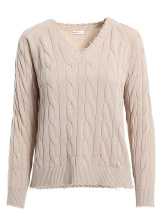 Cotton Cable Long Sleeve V-Neck with Frayed Edges - Brown Sugar