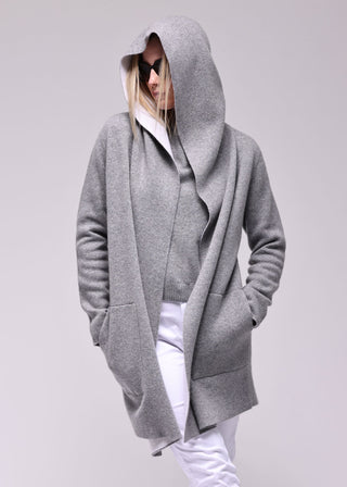 Cashmere Hooded Reversible Coat- Silver Grey/White