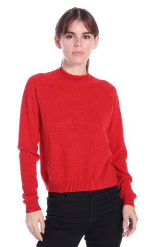 Cashmere Long Sleeve Shrunken Crewneck Sweater- Heather Red