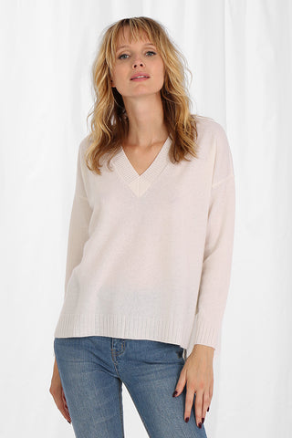 Cashmere Long and Lean V-Neck Sweater- White