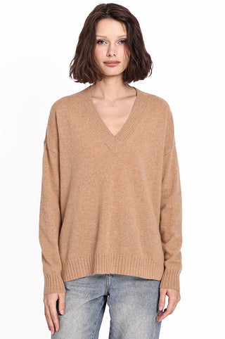 Cashmere Long and Lean V-Neck Sweater- Camel
