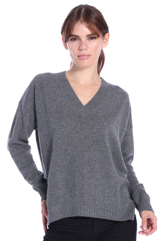 Cashmere Long and Lean V-Neck Sweater- Charcoal HTR Grey