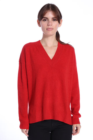 Cashmere Long and Lean V-Neck Sweater- Heather Red
