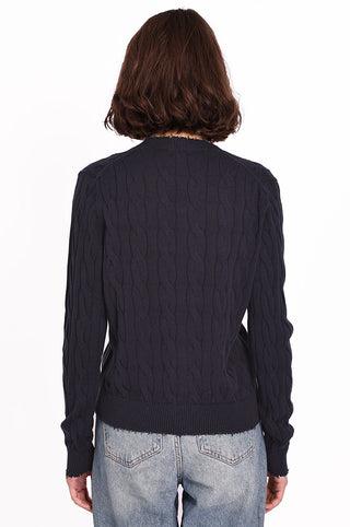 Cotton Frayed Cable Cardigan - Navy