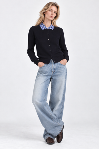 Plaid Collar Combo Long Sleeve Cardigan