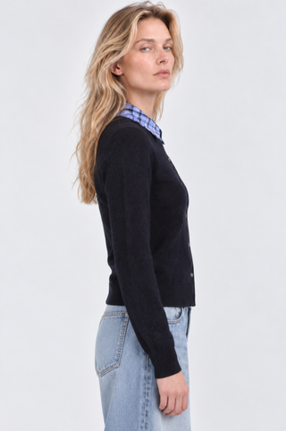 Plaid Collar Combo Long Sleeve Cardigan