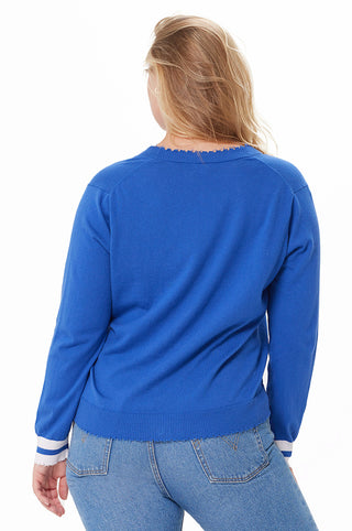 Plus Size Cotton Cashmere Frayed Cardigan w/ Striped Cuff -bleu