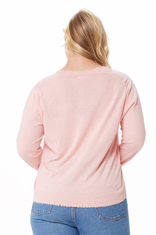 Plus Size Cotton Cashmere Frayed Cardigan w/ Striped Cuff -pink pearl