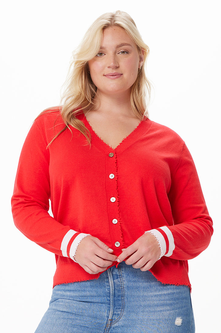 Plus Size Cotton Cashmere Frayed Cardigan with Striped Cuff