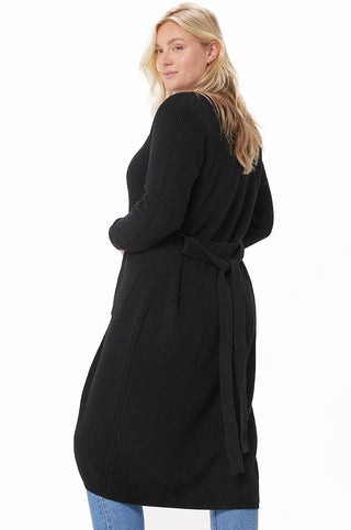 Plus Size Cotton Cashmere Belted Long Cardigan-black
