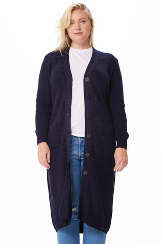 Plus Size Cotton Cashmere Belted Long Cardigan- navy