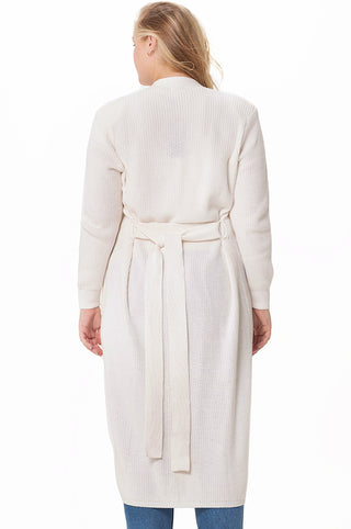 Plus Size Cotton Cashmere Belted Long Cardigan- white