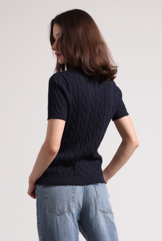 Cotton Frayed Cable V Neck Tee with Pocket