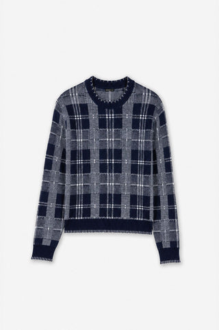 Wool Cashmere Plaid Crew with Blanket Stitch