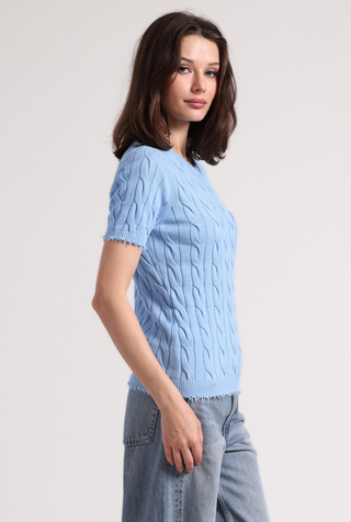 Cotton Frayed Cable Short Sleeve Tee with Pocket