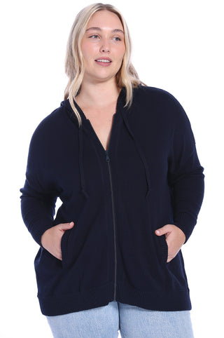 Plus Size Cotton Cashmere Oversized Zip Hoodie - Navy