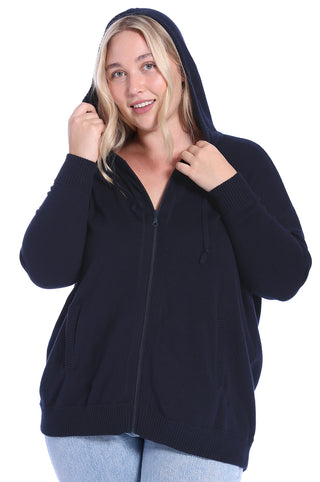 Plus Size Cotton Cashmere Oversized Zip Hoodie - Navy