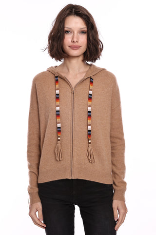 Cashmere Zip Fringed Hoodie- Camel