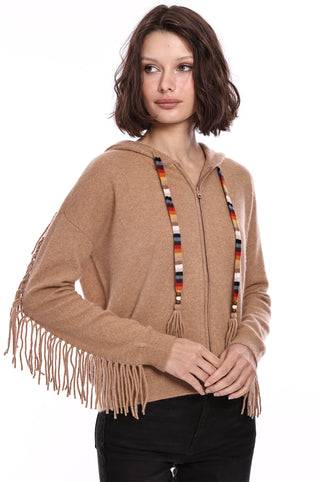 Cashmere Zip Fringed Hoodie- camel