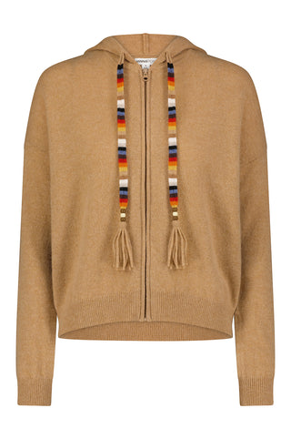 Cashmere Zip Fringed Hoodie- camel