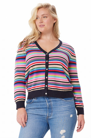 Plus Size Cotton Cashmere Weekend Stripe Cardigan Multi Stripe