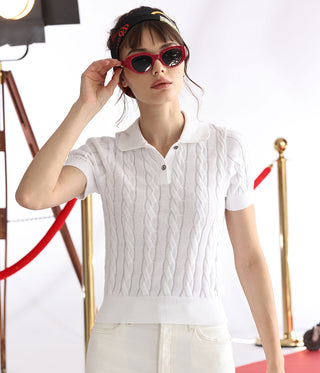 Cotton Cashmere Cable Short Sleeve Polo White