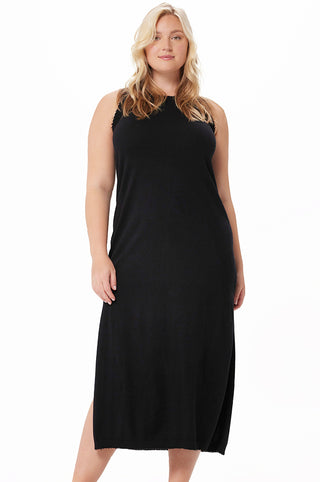 Plus Size Cotton Cashmere Maxi Frayed Tank Dress -black
