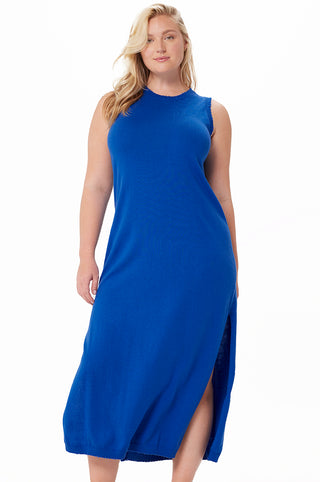 Plus Size Cotton Cashmere Maxi Frayed Tank Dress - bleu