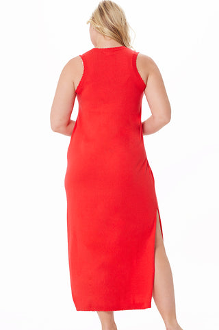 Plus Size Cotton Cashmere Maxi Frayed Tank Dress -rouge