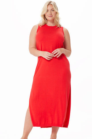 Plus Size Cotton Cashmere Maxi Frayed Tank Dress -rouge
