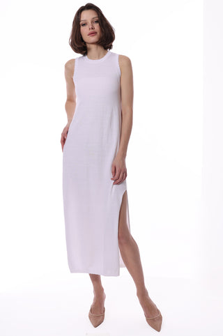 Cotton Cashmere Maxi Frayed Edge Tank Dress -White