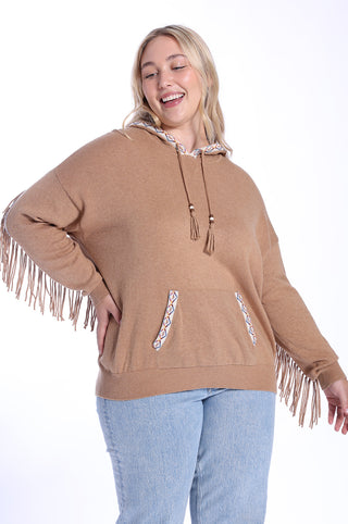 Plus Size Cotton Cashmere Embroidered Fringe Hoodie - Camel