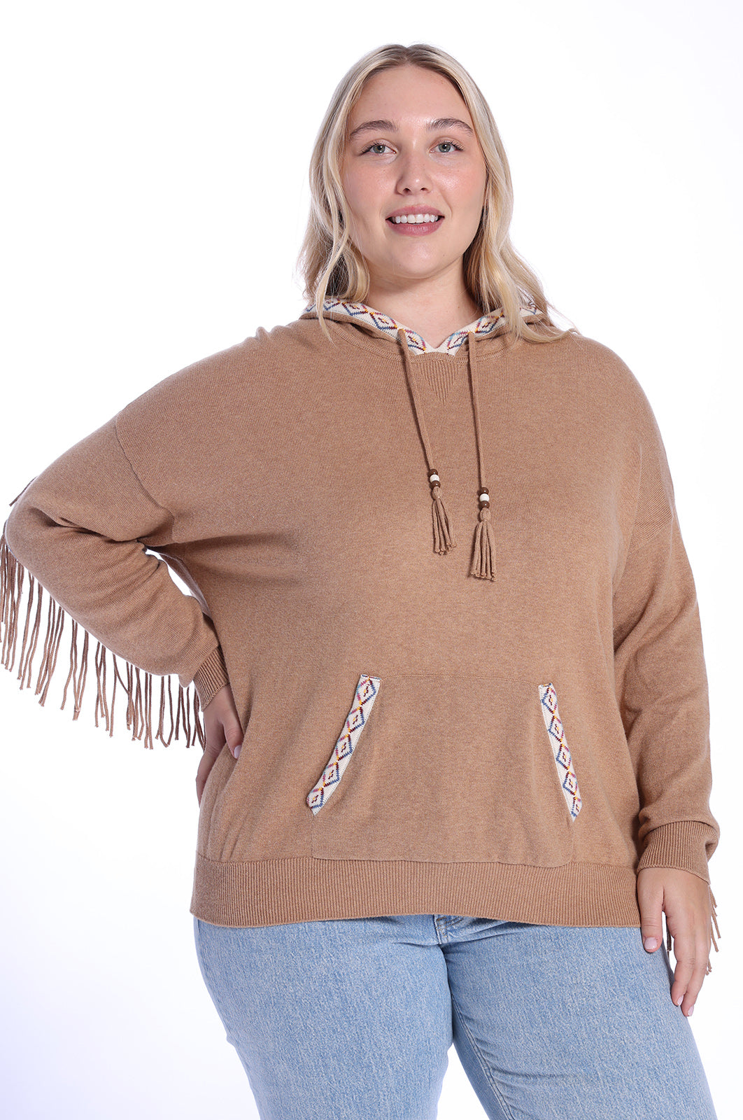 Plus Size Cotton Cashmere Embroidered Fringe Hoodie Minnie Rose