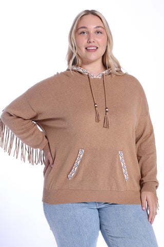Plus Size Cotton Cashmere Embroidered Fringe Hoodie - Camel