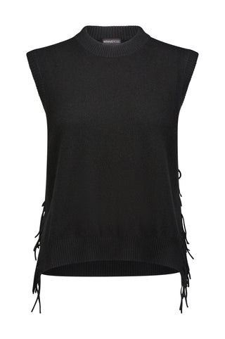 Cashmere Side Tie Vest with Fringe- Black