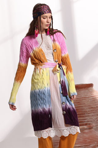 Cotton Ombre Dip Dye Cable Belted Duster multi