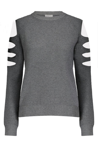 Cotton Cashmere Crew with Cut Out Details -Grey Shadow