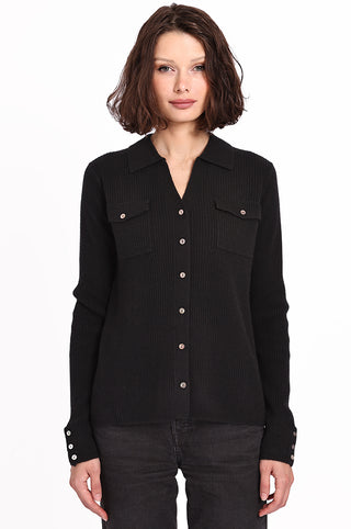 Cashmere Ribbed Top with Pockets- Black