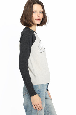 Cotton Cashmere Frayed Printed Sweatshirt - Light Heather Grey/ Dark Charcoal