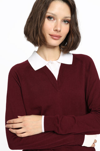Cotton Cashmere Polo with Collar and Tipping Bordeaux/White