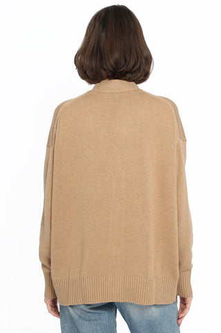 Cotton Cashmere Oversized Cardigan w/ Contrast Detail - Camel