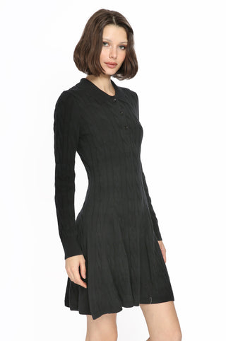 Cotton Polo Cable Flare Dress - Black