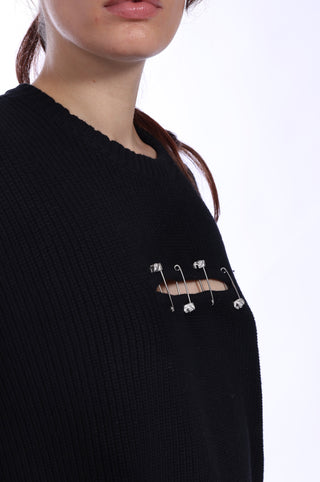 Cotton Cashmere Shaker Pullover with Cut Out and Pin Detail -Black