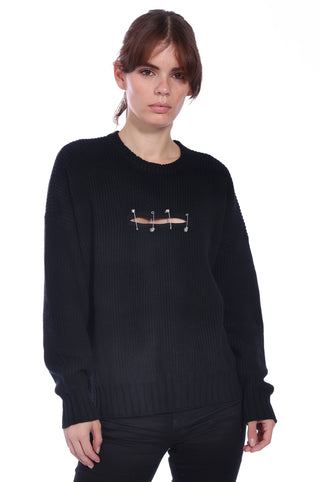 Cotton Cashmere Shaker Pullover with Cut Out and Pin Detail -Black