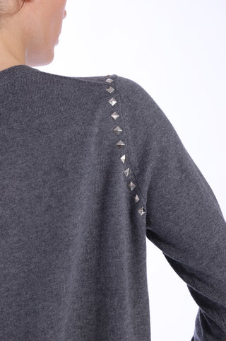 Cotton Cashmere Swing Crew with Stud Detail - Charcoal grey