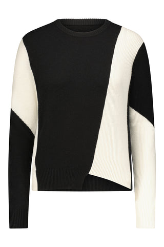 Cashmere Color Blocked Asymmetrical Crew- Black/White